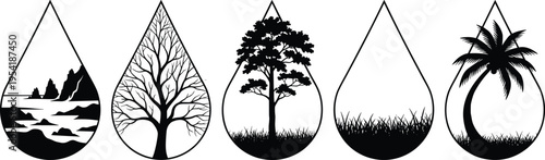 Black silhouette collection of nature landscapes inside water drop shapes featuring trees palm island and grass isolated on white background for environmental conservation