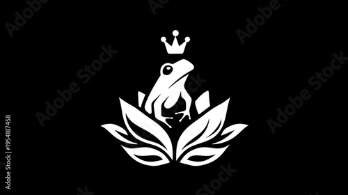 A regal frog wearing a crown sits atop stylized leaves, a striking white design on black