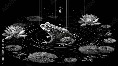 A grayscale illustration of a frog in a pond, ringed by lilies and pads with falling droplets