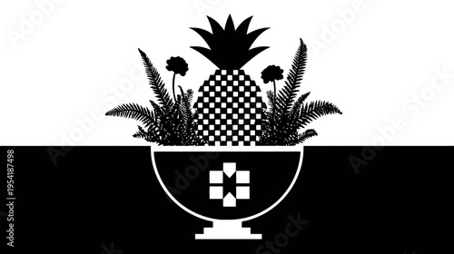 B&W graphic with pineapple, ferns, and flowers in a bowl-like form with a split background