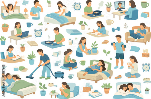 Home routine and productivity seamless pattern for work-life balance concepts featuring waking up person, brushing teeth person, making bed person, cooking breakfast person, laptop