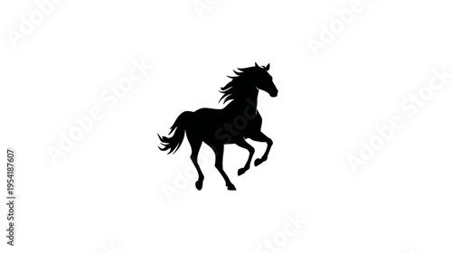A black silhouette of a horse prancing gracefully on a white background