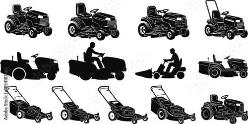 Black silhouette collection of riding lawn mowers and push mowers featuring garden workers and landscaping machinery isolated on white background for outdoor yard maintenance