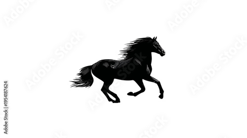 A black horse, rendered in a stylized, artistic illustration, is depicted running on a white background