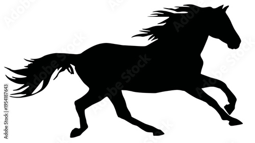 Black silhouette of a horse running, with flowing mane and tail, on a white background