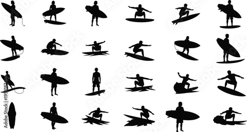 Black silhouette collection of surfers in various action poses riding waves and carrying surfboards isolated on white background for summer beach sports design