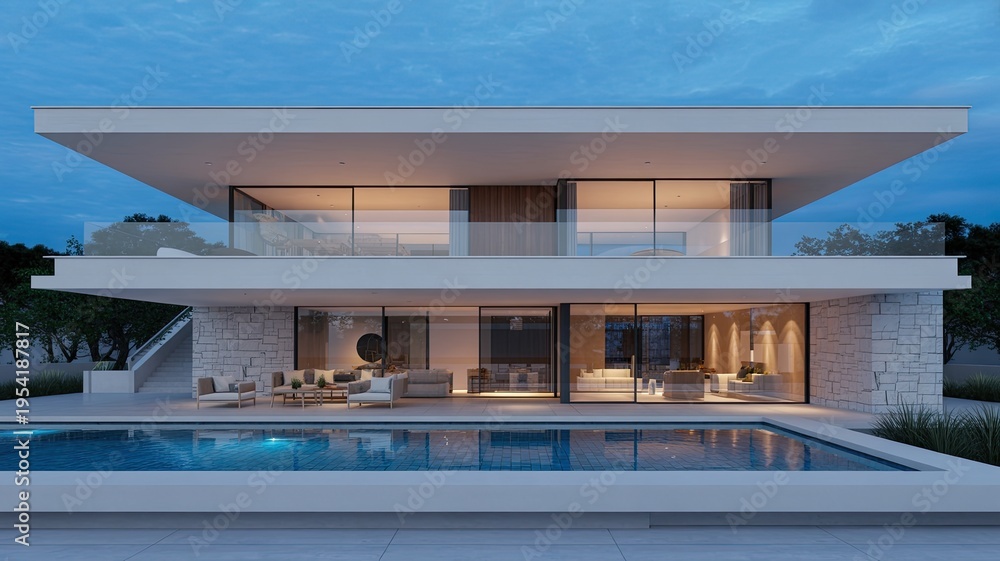 Fototapeta premium A modern two-story house with a pool and outdoor seating area at dusk