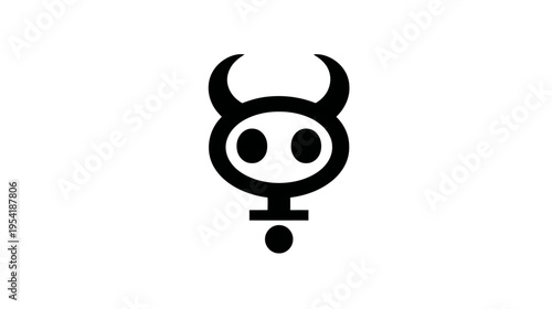 A monochrome illustration of a stylised horned creature-like emblem, with female sign attributes