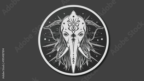 Black and white illustration of an elephant's head within a circle, with ornate details