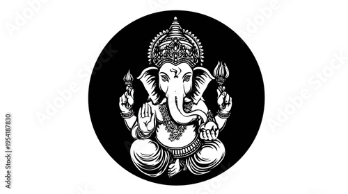 A white silhouette of an elephant-headed deity seated in lotus pose against a black circle