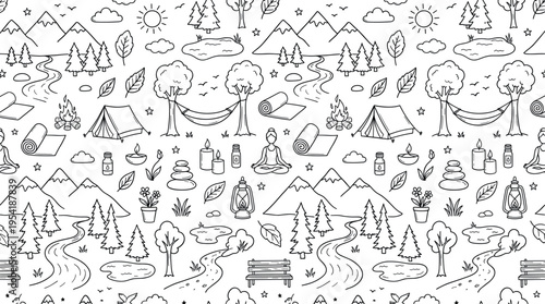 Nature relaxation retreat theme with calm peaceful atmosphere, doodle objects including mountains, trees, pine trees, leaves, river, lake, sun, clouds, birds, tent, campfire,