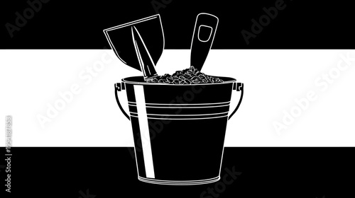 A bucket filled with sand, a shovel, and a trowel set against a black and white striped background