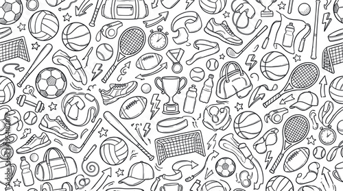 Multi-sport activity and fitness lifestyle concept showcasing a wide variety of popular sports equipment and movement elements for energetic and dynamic visuals. Objects of soccer