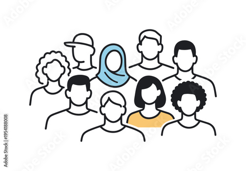 Urban lifestyle and public gathering concept highlighting modern multicultural society and shared experiences, a simple crowd composition of diverse human silhouettes arranged in a
