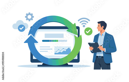 Continuous workflow synchronization and digital platform refresh represented through a clean technology concept scene, two circular refresh arrows forming a loop around a simple