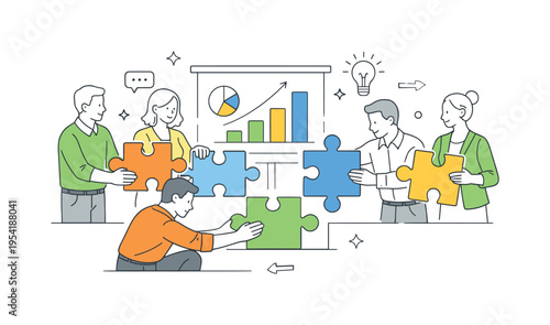 Corporate teamwork and business collaboration concept showing professionals working together to achieve shared goals in a modern workplace environment, using interconnected puzzle