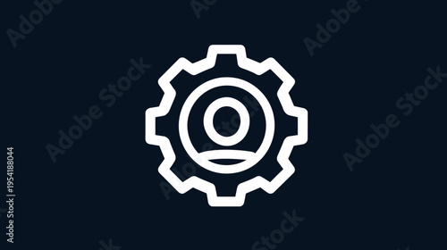 A white gear icon encompassing a profile symbol, set against a dark blue background