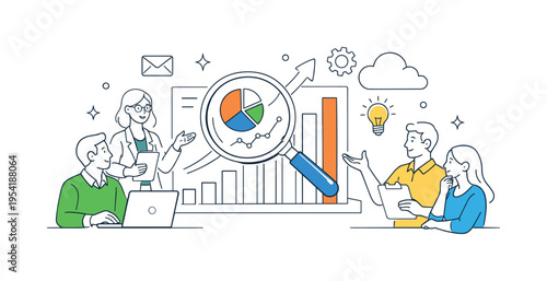 A business team analyzing digital performance and making data-driven decisions using modern tools and insights, focusing on growth and optimization in a digital ecosystem