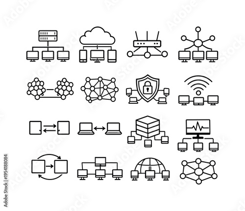 Data connection diagrams set: server connected to computers, cloud connected to devices, router with connected nodes, database connected to clients, two network clusters linked