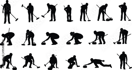 Curling athletes and players silhouette set featuring people sliding stones and sweeping ice during winter sports competition isolated on white background for vector design