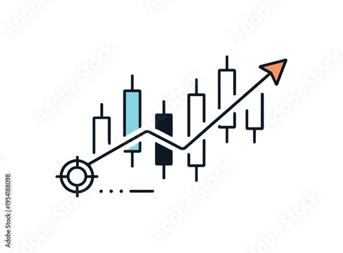 Stock market analysis and trading activity representing data driven decision making in finance, a simple composition with a candlestick chart and a small arrow indicator suggesting