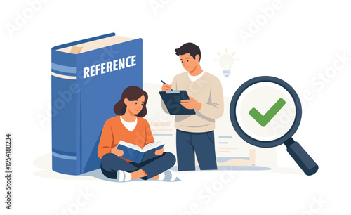 Information lookup and academic research concept in a clean educational scene, a thick reference book standing upright beside a simple magnifying glass symbolizing searching for