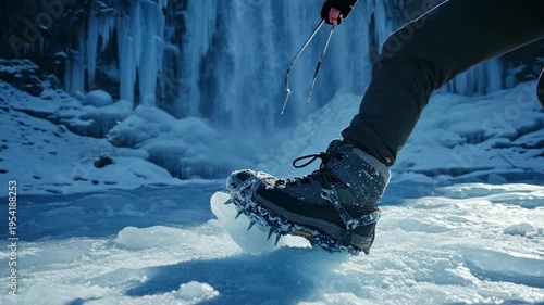 Individual in black ice climbing boots steps on ice while gripping ice tools near a frozen waterfall in a snowy winter environment