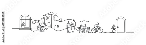 European town street scene showing residential life, slow living, and community connection in a compact urban landscape with classic architecture, a clean window shape transforming