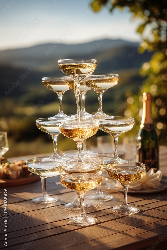 Obraz premium champagne flows from a tiered coupe tower on wood, sunlit mountains behind, bottle. Warm light glows on fizz and grain. Professional outdoor celebration still life.