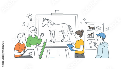 Illustration workshop where beginner artists collaborate while practicing horse drawing as part of animal study exercises, representing creativity, skill building, and shared
