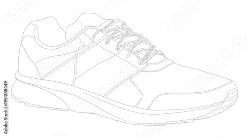 Line drawing of a modern athletic shoe, detailed with laces, panels, and a cushioned sole