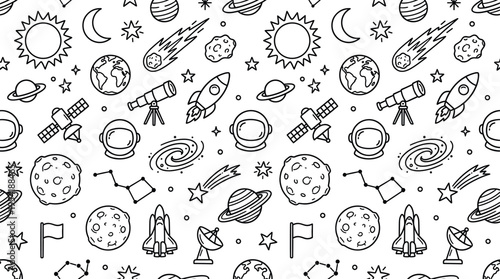 Cosmic space objects and astronomy tools theme with clean modern feel, doodle objects including sun, moon, stars, planets, earth, saturn rings, comet, asteroid, telescope, rocket,