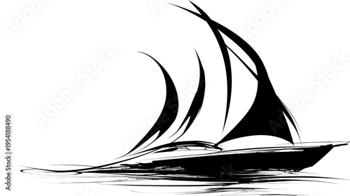A minimalist monochrome illustration of a sailboat at sea. The style is abstract and brushstroke-like