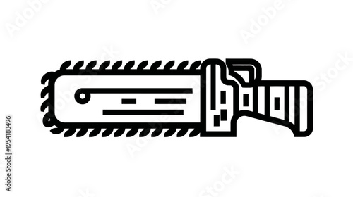 A monochrome illustration of a chainsaw, featuring a blade with teeth and a handled power source