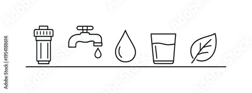 Home water filtration system and clean drinking water process supporting healthy hydration and safe household water supply, water filter cartridge, faucet, water drop, glass of