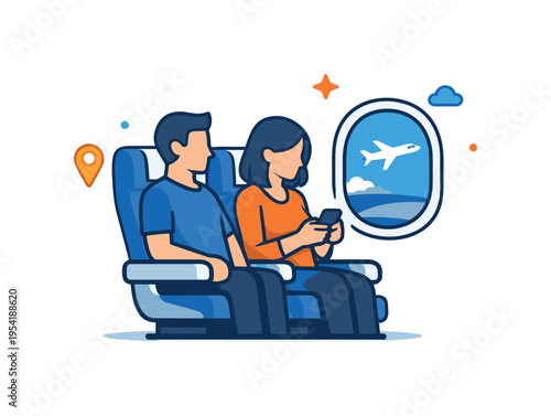 Modern air travel scene focused on passengers sitting inside an aircraft during a routine journey, a pair of airplane seats beside an oval cabin window symbolizing transportation