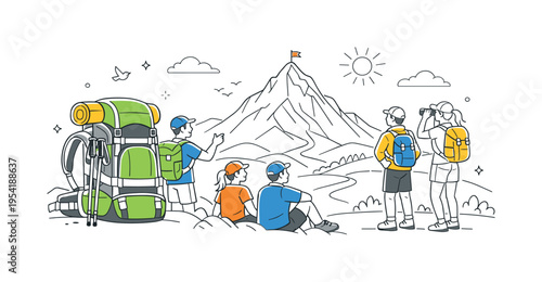 Nature exploration moment where backpackers pause during a mountain hike while admiring the vast landscape around them, a hiking backpack and a mountain summit serving as the