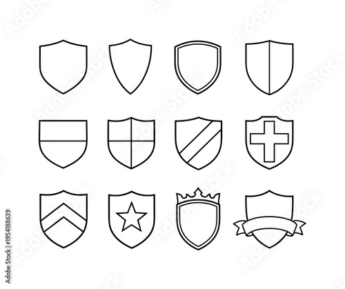 Heraldic shields set: classic heraldic shield, pointed shield, rounded shield, split vertical shield, split horizontal shield, quartered shield, diagonal stripe shield, cross
