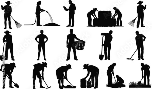 Large collection of farmer silhouettes working in garden and field with tools like shovels rakes and watering hoses for agriculture and landscaping design.