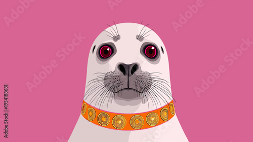 A stylized white seal with large, pink eyes, wearing a gold-ornamented collar, on a pink background