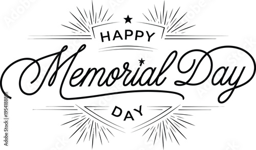 Happy Memorial Day typography lettering banner with fireworks and stars vector illustration