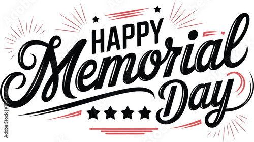 Happy Memorial Day typography lettering banner with fireworks and stars vector illustration