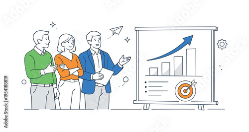 A company leadership moment where a small group of professionals stands together while discussing goals and preparing for a new business initiative, visual metaphor of a standing