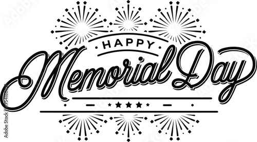 Happy Memorial Day typography lettering banner with fireworks and stars vector illustration