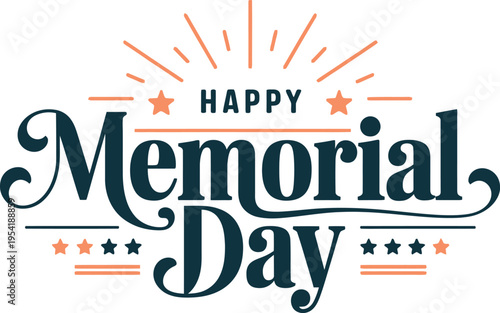 Happy Memorial Day typography lettering banner with fireworks and stars vector illustration
