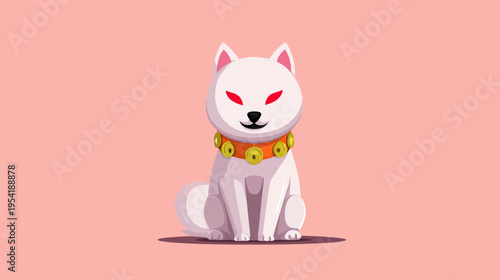 A stylized cartoon dog sits upright, staring forward with red eyes and an ornamental collar