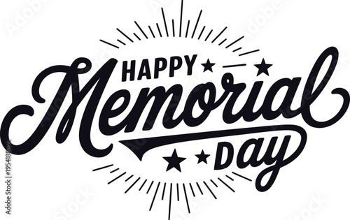 Happy Memorial Day typography lettering banner with fireworks and stars vector illustration
