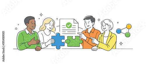 A diverse business team collaborating on an important project in a modern professional environment, using a simple visual metaphor of a puzzle piece, shared document, and connected