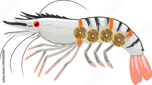 A cartoon shrimp, decorated with gold circular emblems and bands on its body