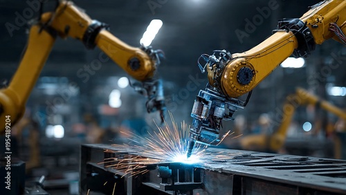 Automated robotic arms welding steel parts with bright sparks in modern smart factory for automotive manufacturing and industry 4.0 technology